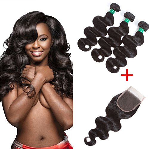 10A Brazilian Virgin Hair Body Wave with 1 Piece 44 Free Part Lace Closure 100% Unprocessed Real Human Hair Weave Extensions 3 Bundles with closure Natural Color Loose Wave (20 22 24 +20closure) Pecwu