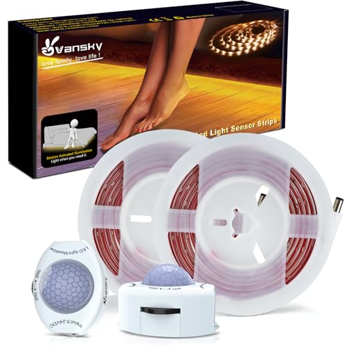 Vansky Motion Activated Bed Light Flexible LED Strip Motion Sensor Night Light Bedside Lamp Illumination with Automatic Shut Off Timer (Warm Soft Glow)-Dual Light Strips Kit