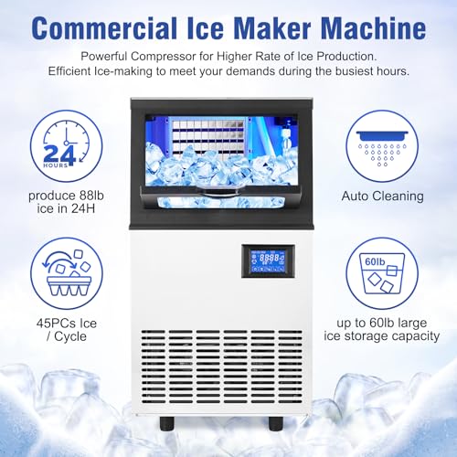 Commercial Ice Maker Machine, Freestanding/Under Counter Stainless Steel Ice Machine, 90Lbs/24 Hour with 30Lbs Ice Storage Capacity, Self Cleaning, Ideal for Restaurant/Bar/Cafe/Shop/Home/Office