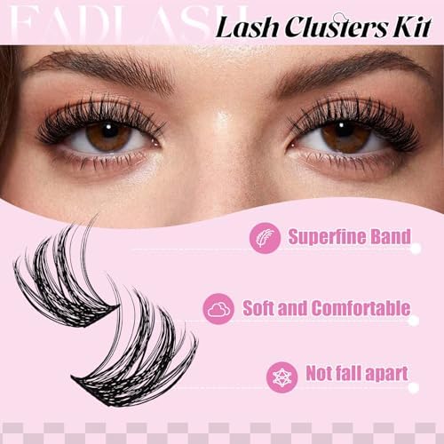 FADLASH Lash Extension Kit Fluffy Clusters Lashes 0.07 D Curl Mixed Tray Wispy DIY Eyelash Clusters Kit with Lash Bond and Seal Lashes Tweezer for Beginners at Home(C3-0.07D, 8-16mm) - 2