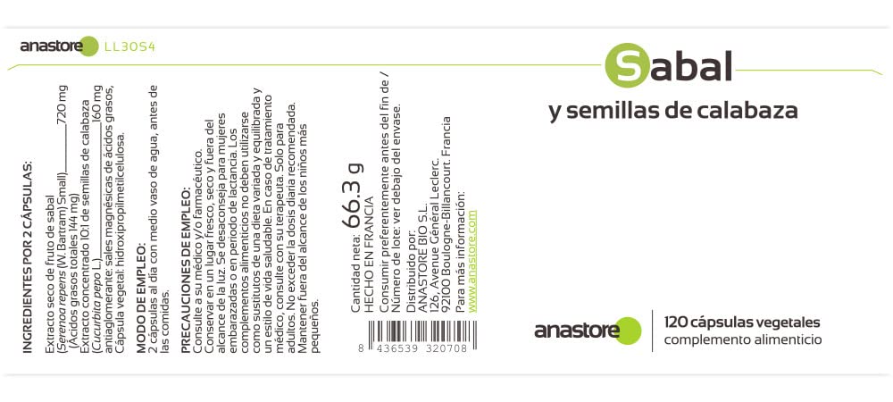 SABAL PALMETTO Y PEPITAS DE CALABAZA * 440 mg / 120 cápsulas vegetales * 100 % natural * Benéfico para la próstata y el sistema urinario * Fabricado en Francia * Calidad controlada por certificado de análisis *