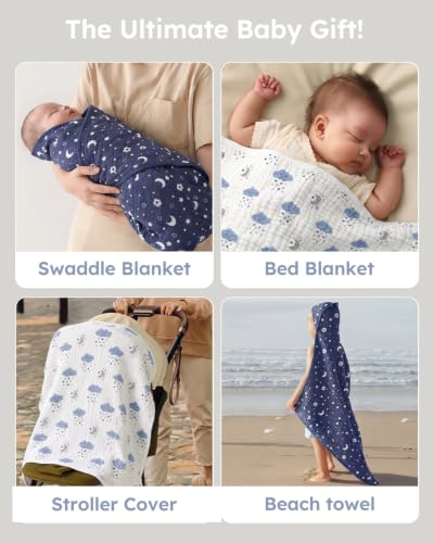 Image of Yoofoss Hooded Baby Towels for Newborn 2 Pack 100% Muslin Organic Cotton Baby Bath Towel with Hood for Babies, Infant, Toddler and Kids, 32x32Inch, Soft and Absorbent Newborn Essential, Blue Clouds