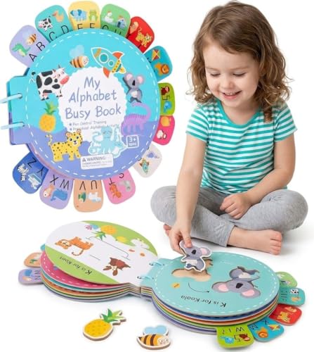 Alphabet Busy Book for Toddlers ABC Learning Activity Book for Kids Age 3+ Montessori Preschool Educational Quiet Book Reusable Early Learning Workbook for Children