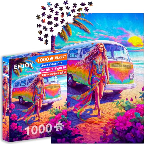 Puzzle 1000 pièces pour Adultes - Femme Hippie sur la Plage avec Un Combi Peace | Finition Mate antireflet | Puzzle Amusant et exigeant | 68 x 48 cm | Cadeau Original | Enjoy