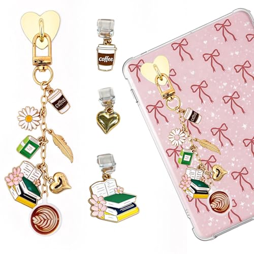 TAKEALOOKO 4PCS Coffee Reading Charms for Kindle - Gold Retro Chains with Type C Dust Plug Charm for Readers Booklovers Women Men Compatible for E-Reader Phones Paper White