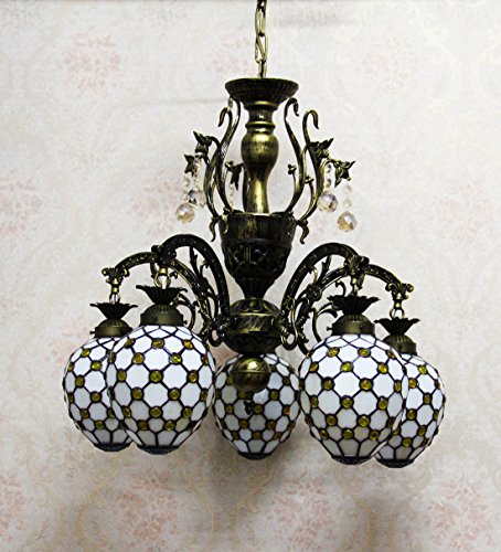 Lustre Tiffany vitrail d'exception style vintage et finition Jaune Perle - 5