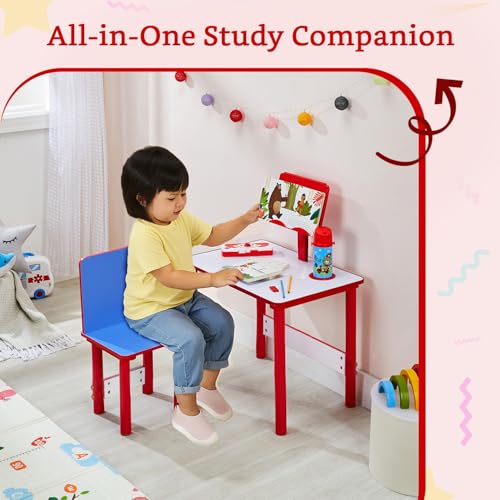 Image of Amazon Brand - Solimo Kids Study Table and Chair Set with Built-in Reading Stand & Cup Holder | Wooden Legs | Red