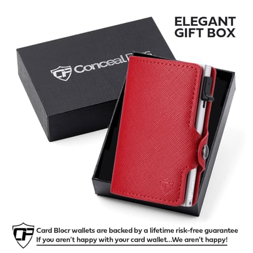 Womens Slim Wallet for Small Purses, Pop Up Wallet with Anti Theft RFID Blocking Credit Card Holder for Women in Red PU Saffiano