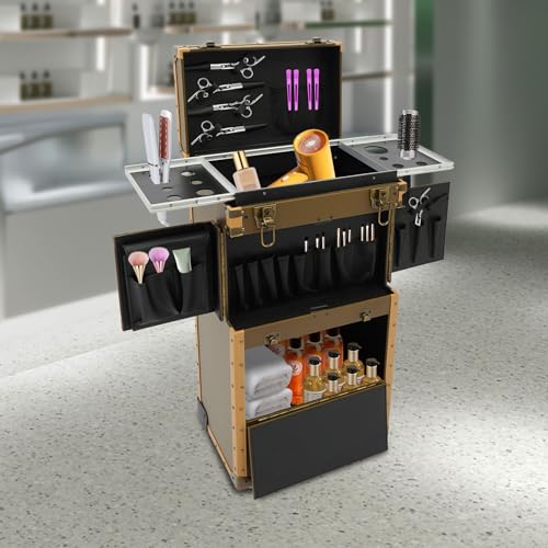 Image of Stylist Modern Rolling Hairdressing Trolley, Lockable Makeup Train Case Beauty Salon Gold Cosmetic Luggage Travel Organizer Tool Box with Hair Dryer Holder