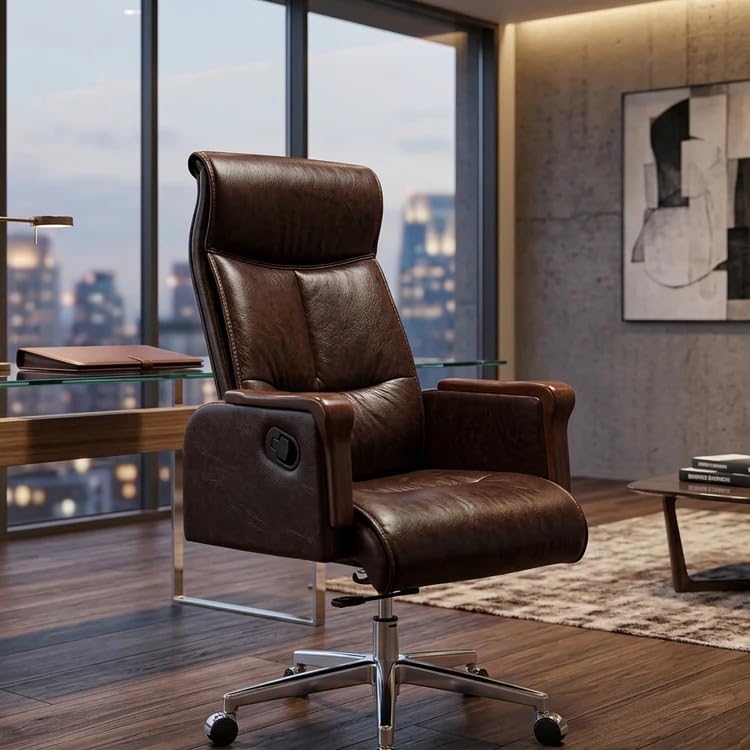 Image of LAKDI Furniture Luxury Executive Office Chair, Premium Brown Leather Ergonomic High Back Recliner Swivel Chair for Office /Home Cabin with Chrome Base | 5 Year Warranty | Free Assembly