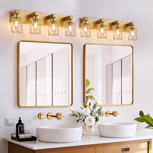 Image of Bathroom Light Fixtures, 4 Light Brushed Gold Wood Vanity Lights