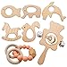 Bambino Massaggiagengive Legno,Yueser 5 Pezzi Baby Teether Giocattoli Giocattoli per Dentizione Forma Animale con Sonaglio a Forma di Anello e Braccialetto DIY Braccialetto di Legno