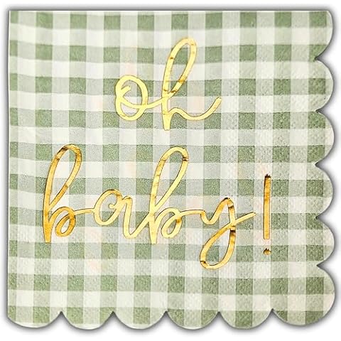 Cloverjoyed 'Oh Baby' Baby Shower Decorations, 50 Pack, Gold Oh Baby Napkins in Plaid Sage Green Pattern, Scalloped Edges, Sage Green Baby Shower Napkins, Neutral Gender Reveal Decorations Cover