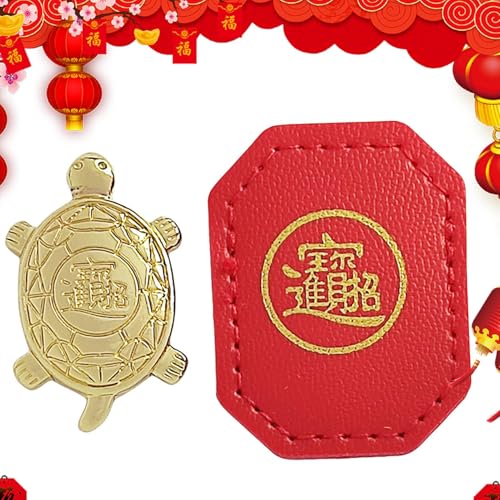 Tortuga de dinero: mini escultura de aleación de oro, acento de símbolo de prosperidad, prometedora figura protectora, tradicional de protección de energía de la riqueza | Caso de cuero rojo