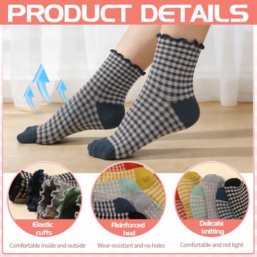 Image of 6 Pairs Women Ruffle Striped Frilly Socks, Cute Checkered Ankle Sock for Women Cotton Knit Casual Crew Socks