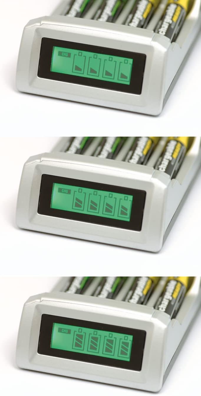 Sequence of LCD display showing battery charging status from empty to full