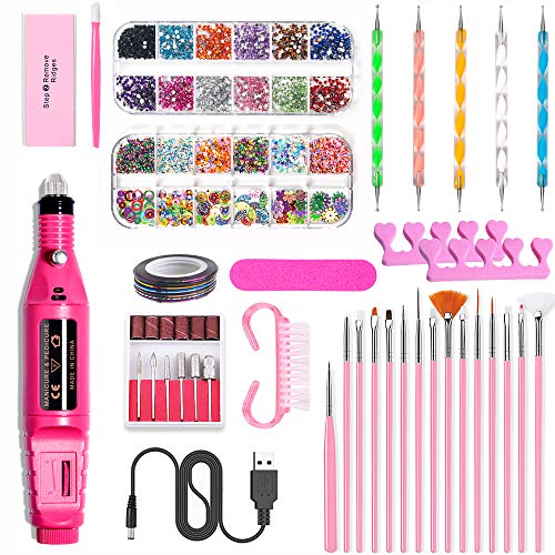 AORAEM DIY Nail Art Tools Decoration Manicure Set, Professional 3D Nail Art Supplies 5Pcs Dotting Pen,2 Boxes Glitter Nail Rhinestones for Nail Decoration (40pcs)