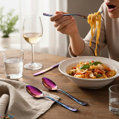 Image of Floral Rainbow 5 Pcs Stainless Steel Cutlery Set for Dining Table, Dishwasher Safe Glossy Flatware (1 Spoon Set+1 Forks Set+1 Butter Knife+1 Dessert Spoon+ 1 FruitFork)