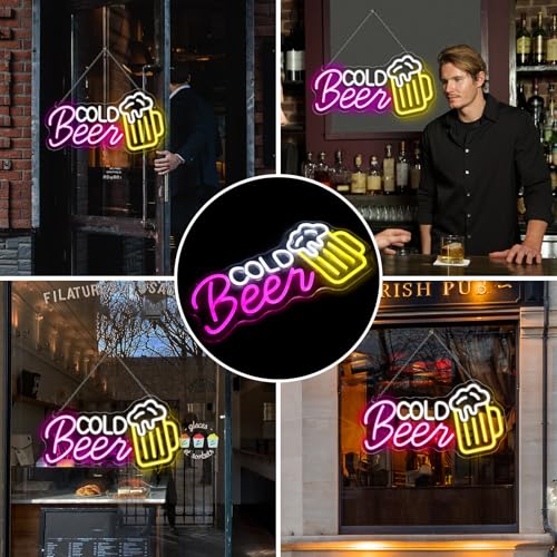 Image of Cold Beer Neon Signs for Wall Decor, 16.5 inchX 9 inch Dimmable LED Neon Sign Powered by USB with ON /OFF Switch, Bright High Visibility Light Up Neon Signs for Home Beer Club Party Gift