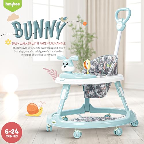 Image of Baybee Bunny Pro 2-in-1 Baby Walker for Kids with Push Handle, 2-Level Height Adjustment, Mat & Musical Toy Bar | Activity Push Walker for Babies 6-18 Months (Blue)