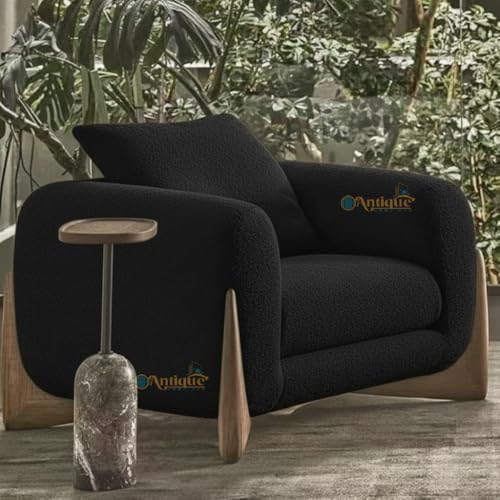 Image of Modern Sofa, Teddy Fabric, Chesterfield Style, Wooden Legs, for Living Room, Bedroom, Hallways (3+1+Ottoman, Black)