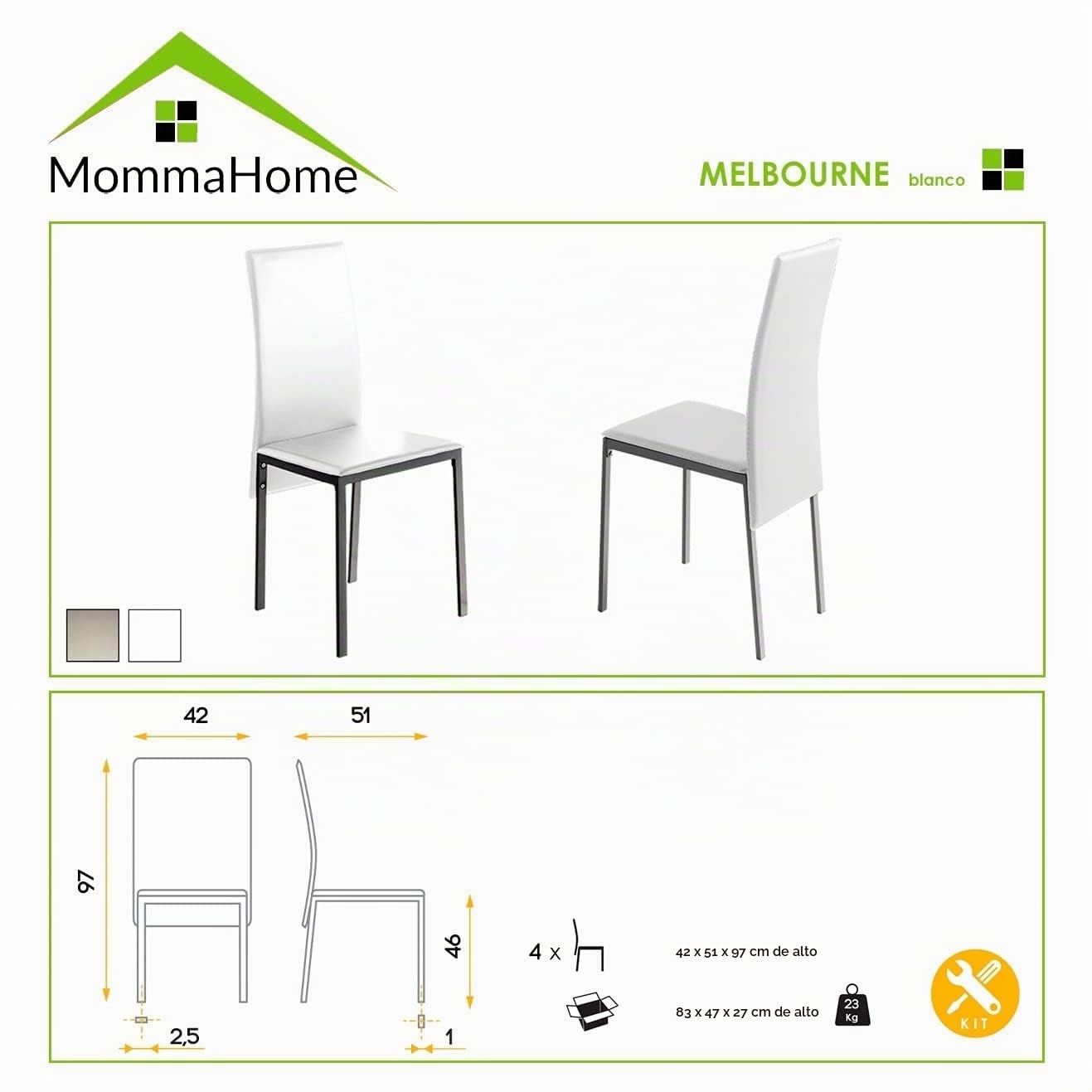 MOMMA HOME Conjunto de Mesa y Sillas Melbourne - con 4 Sillas - Mesa Fija - con Encimera de Cristal - para Salón y Cocina - Muy Elegante - Diseño Moderno Color Blanco
