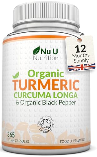 Organic Turmeric Curcumin and Black Pepper 600mg - 365 Vegan Capsules - 1 Year Supply - Soil Association Certified - High Strength Tumeric Supplement - Made in the UK - Nu U Nutrition