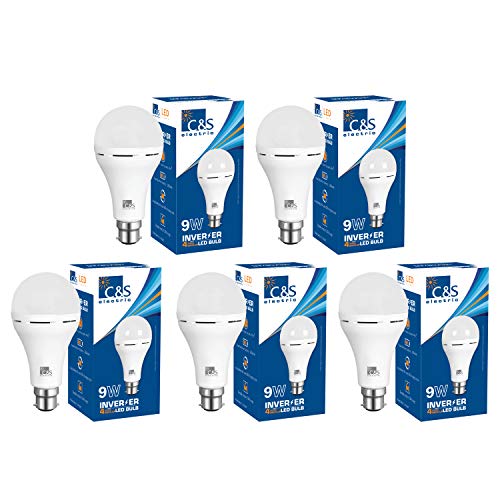 Image of C&S Electric 9W B22 LED Inverter, Rechargeable, Emergency Bulb (White) - Pack of 5