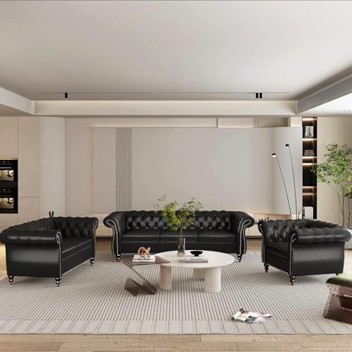 Image of WOODEN WORLD Modern & Classic Leather Sofa Set - Luxurious Comfort, Stylish Design, and Durable Build (Black, 3+2+1 Seater)