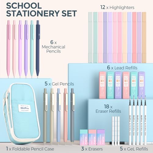 Image of Nicpro School Supplies with Cute Pencil Case, 39 PCS Blue | Back to School Stationery Set, Essentials for College Nursing Student, 12 Pastel Highlighter, 6 Mechanical Pencil, 5 Gel Pen