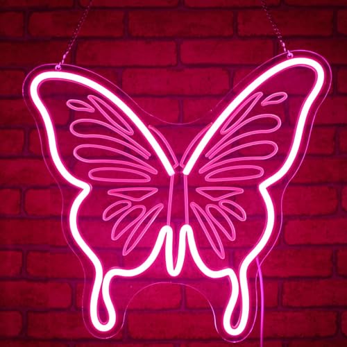 Image of Butterfly Neon Sign, JGHTURIE Pink Neon Signs for Wall Decor Engraved LED Light Up Sign Room Decor for Club Party Bar Signs Decoration USB Powered