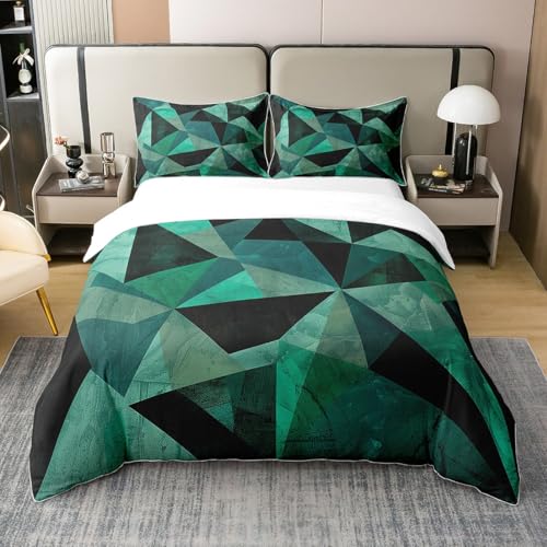 3D Geometry Full Size Cotton Duvet Cover,Abstract Triangles Girds Splicing Quilt Cover(No Filler),Aesthetic Green Modern Minimalist Comforter Cover for Kids Adults Bedroom