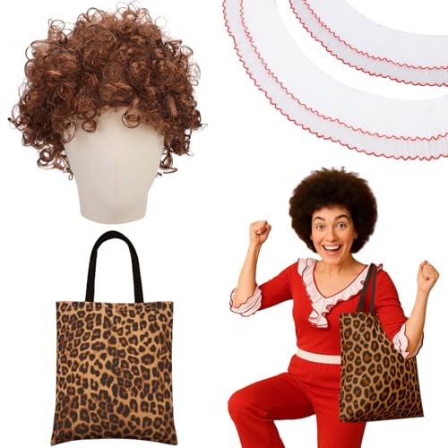 Suncalla 3 Pcs Halloween Fifty Brithday Costume Kick Lady Saturday Night Skit Costume Accessories Include Wig Leopard Print Shoulder Bag Witfh 5.5 Yard White Red Ruffle Ribbon for Women Men Cosplay