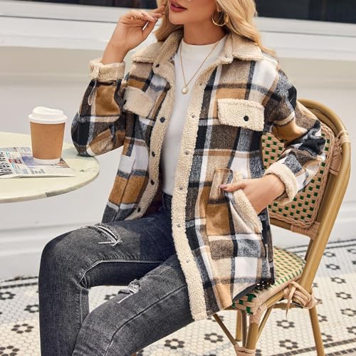 Women 2024 Hooded Flannel Jacket Warm Sherpa Shacket Fleece Lined Button Down Plaid Coat Trendy Fall Winter Outfits4