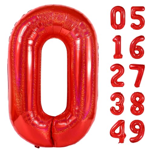 Image of Laser Red Number Balloon 40 Inch, 0 Number Balloons, 10 20 30 40 50 Numbers Balloon Birthday Decorations, Party Supplies for Women