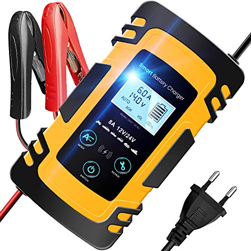 TOPERSUN Cargador de Baterías Coche 12V/24V 8A Automática Protección Portátil Inteligente Coche Cargador Rápid con Pantalla LCD Digital para Motos Automóviles Barco