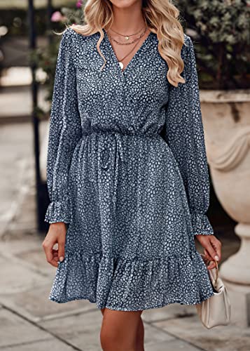 Image of KIRUNDO Women Casual Summer Fall Dresses Long Sleeve Floral Wrap V Neck High Waist Ruffle Tiered A Line Flowy Mini Dress