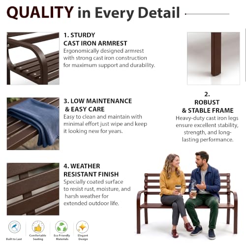 Image of BRISHI 2 Seater Metal Garden Bench for Indoor & Outdoor Park /Patio /Living Room /Terrace /Balcony (Brown)