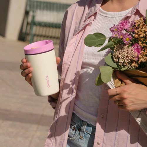 Owala SmoothSip Slider Insulated Stainless Steel Coffee Tumbler, Reusable Iced Coffee Cup, Hot Coffee Travel Mug, BPA Free 12 oz, Pink/Tan (Daybreak) #5