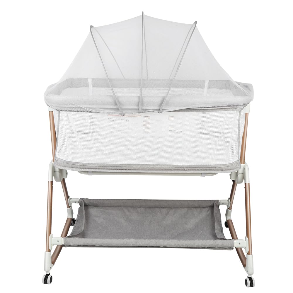 HUOLE Łóżeczko dziecięce 3 w 1 do 30 kg, łóżeczko bujane, regulacja wysokości i nachylenia materaca, 4 kółka z hamulcem, ergonomiczny materac, torba-96 x 60 x 90-115 cm-szary