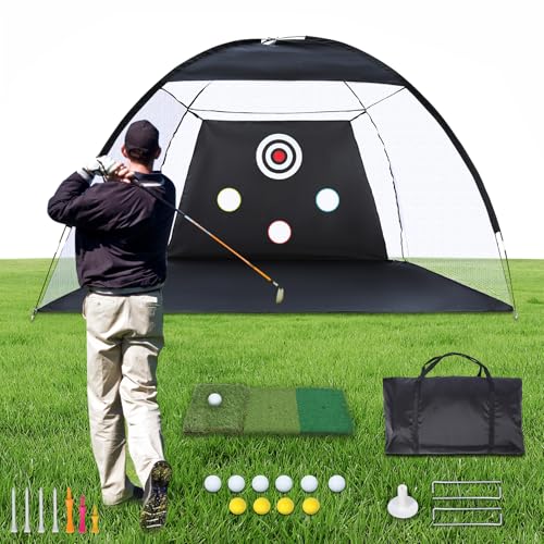 REDCAMP Red de entrenamiento de golf con césped de 10 x 7 pies con esterilla de golf Tri-Turf, red de entrenamiento de golf todo en 1 para entrenamiento, entretenimiento y competiciones