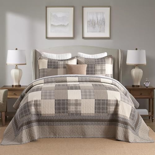 Image of EWlinens 120 inchx120 inch Oversized King Bedspread - 100% Cotton Lightweight California King Bedspreads Coverlet Set, Farmhouse Patchwork Plaid Reversible Quilts Bedding Set, 3pcs, Brown /Beige /Khaki