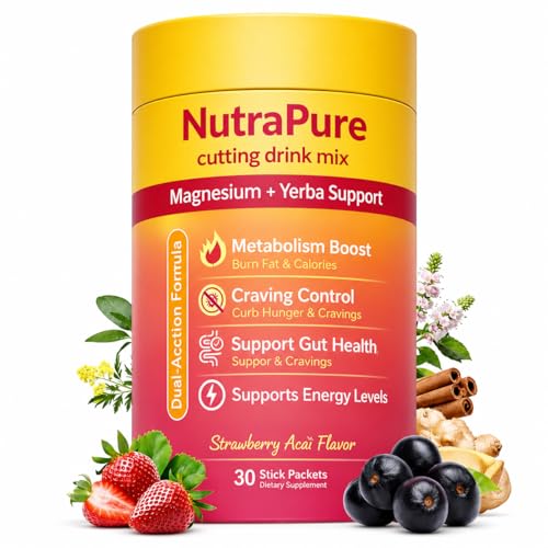 NutraPure Cutting Drink Mix Energy & Gut Health | Vegan Sugar-Free Non-GMO | Strawberry Aa 30 Sticks