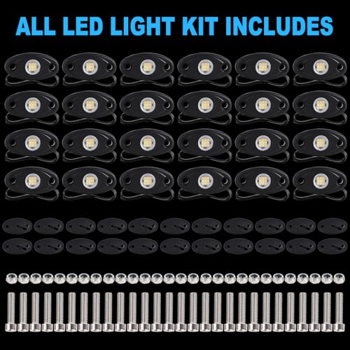 Image of 24 Pods White Led Rock Lights,Automotive General Under Body Neon Glow Led Pure Light Kit Ip68 Waterproof 3.8ft Extension Wires for Car Truck Boat Rv ATV Utv SUV RZR Motorcycle Trail Rig Lamp(White)