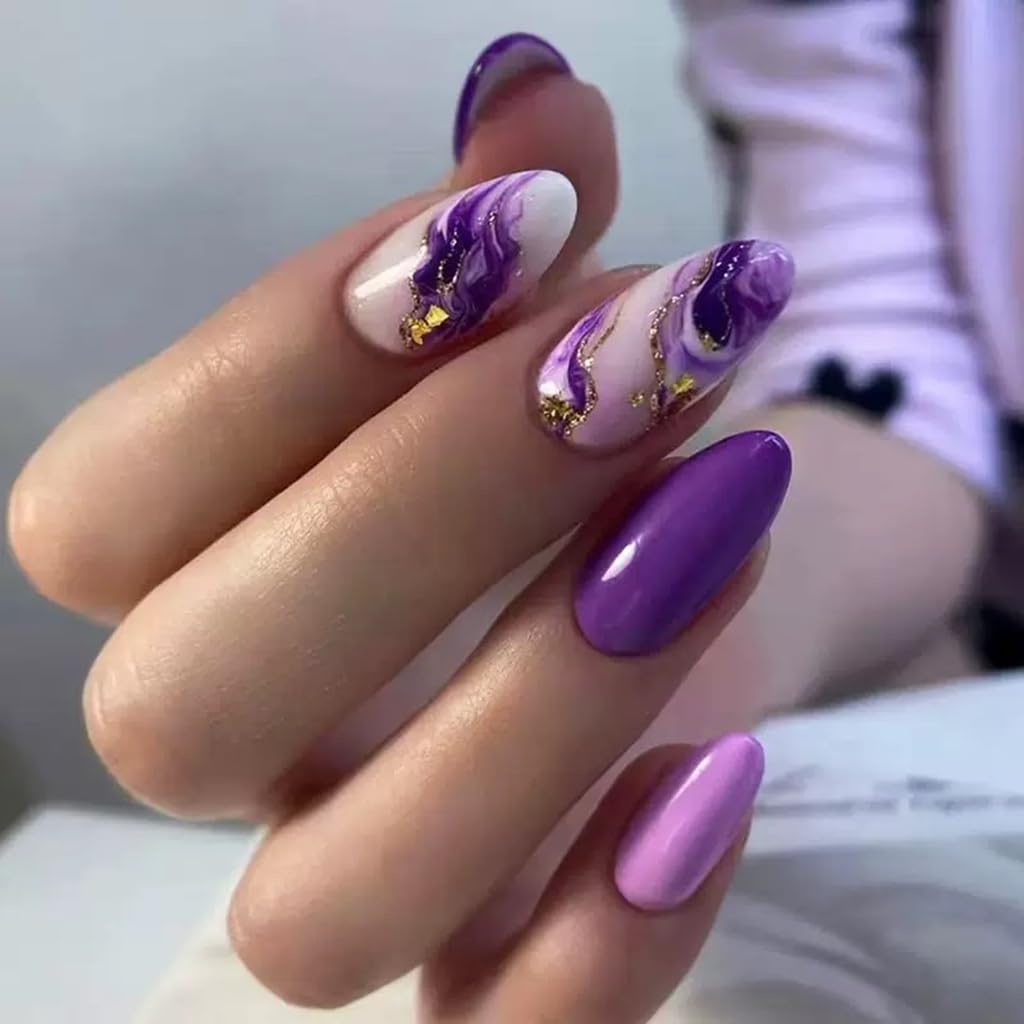 Medium Press on Nails - Purple Ombre Acrylic Nails with Design