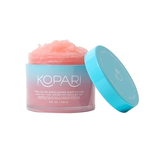 Kopari Pink Glow - Esmalte corporal exfoliante AHA, exfoliante corporal vegano para mujeres, suave y eficaz, niebla rosa, 8 onzas