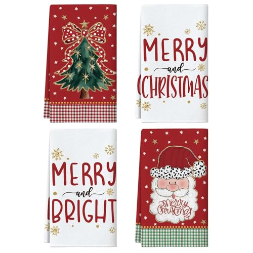OTOSTAR Xmas Tree Merry Christmas Kitchen Towels 18x26 Inch Snowflakes Santa Claus Baking Cooking Cloth Dish Towels Daily Seasonal Winter for Kitchen Decoration Drying Hand Towels Set of 4