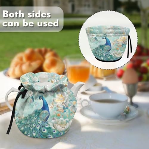 Image of Xoenoiee Peacock Butterfly Peony Floral Print Tea Cozy Cotton Tea Cosy for Teapots Keep Warm Teapot Cover Insulated Kettle Cover for Home Kitchen Table Decor