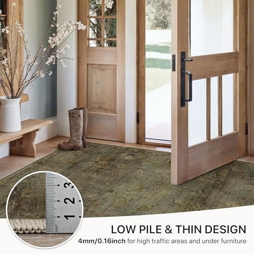 GENIMO 6x9 Area Rugs for Living Room, Machine Washable Non Slip Vintage Rugs, Low Pile Lightweight Chenille Print Rug for Bedroom, Dining Room, Home Office, Moss Taupe
