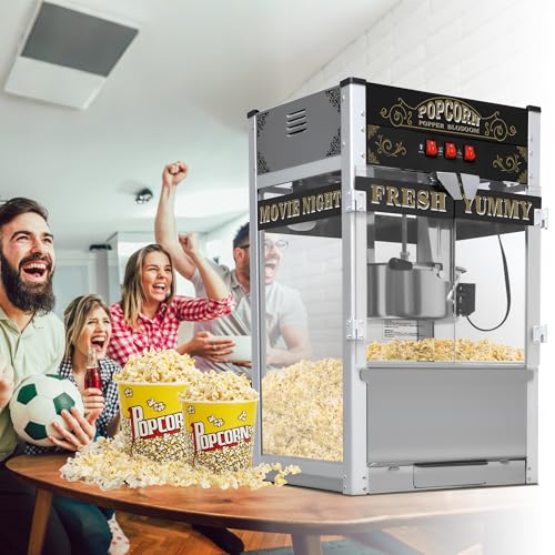 Image of Commercial Popcorn Machine with Cart & Wheels - Popcorn Maker Machine with 22OZ Stainless Steel Kettle, Pop corn Machine Maker for Home, Parties, Movie Theater, Black